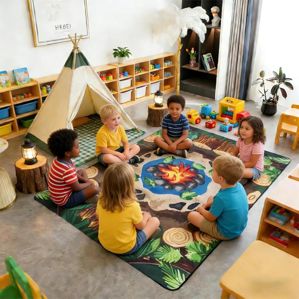 Outdoor Camping Themed Rug, Cartoon Campfire & Wood Non-Slip Floor Mat for Kids Bedroom Playroom Nursery Decor Carpet