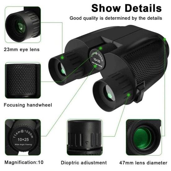 Портативный бинокль 10X25 HD, дальность 1000 м и туризм, BAK 4 Prism, FMC, зрительная труба, широкоугольный телескоп - 1 шт.