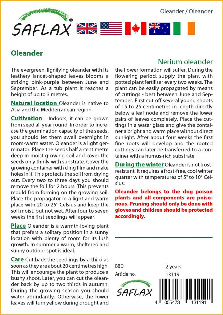 SAFLAX Garden in the Bag - Олеандр - 50 семян - С субстратом в подходящем пакете-стойке - Нериумовый олеандр