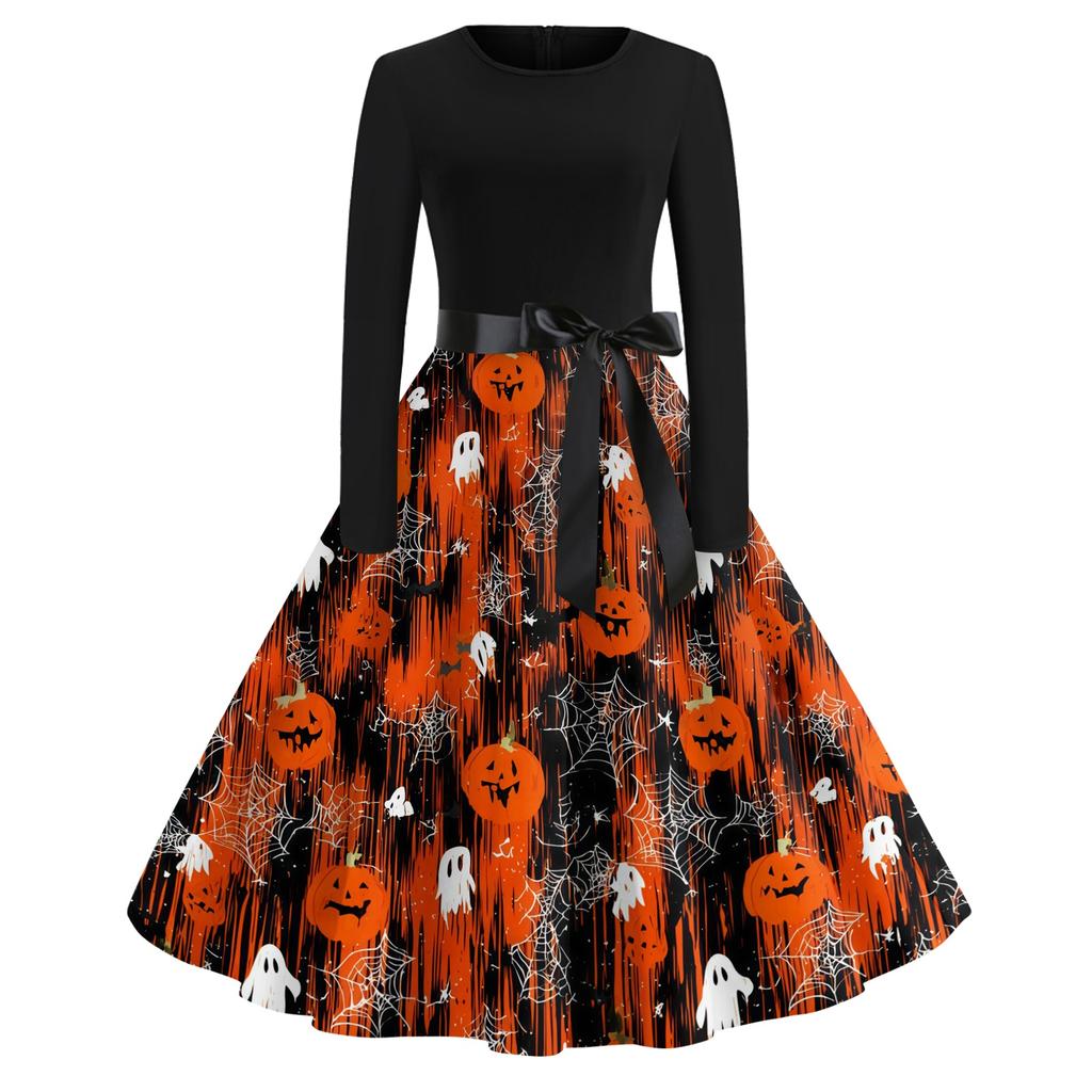 Women's Casual Long Sleeve Round Neck Dress Vintage Style Halloween Print Skater Dress with Waist Tie Belt Retro Swing Midi Dress