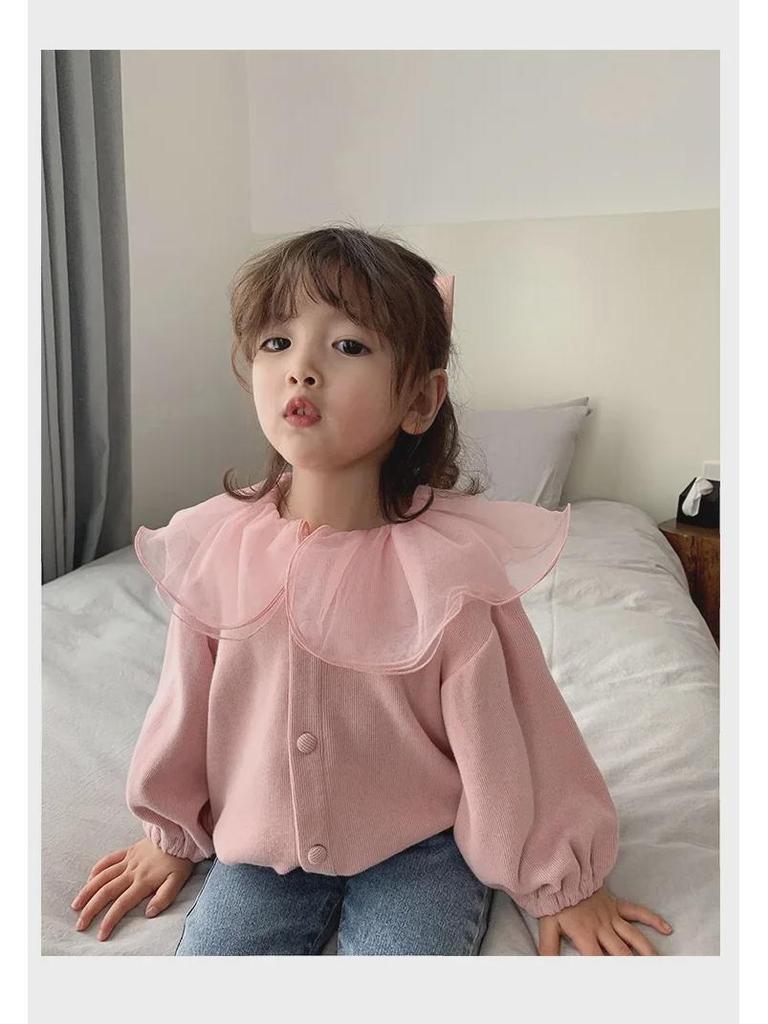 Girls' Mesh Lotus Leaf Collar Cardigan - Autumn Top for Ages 3-8