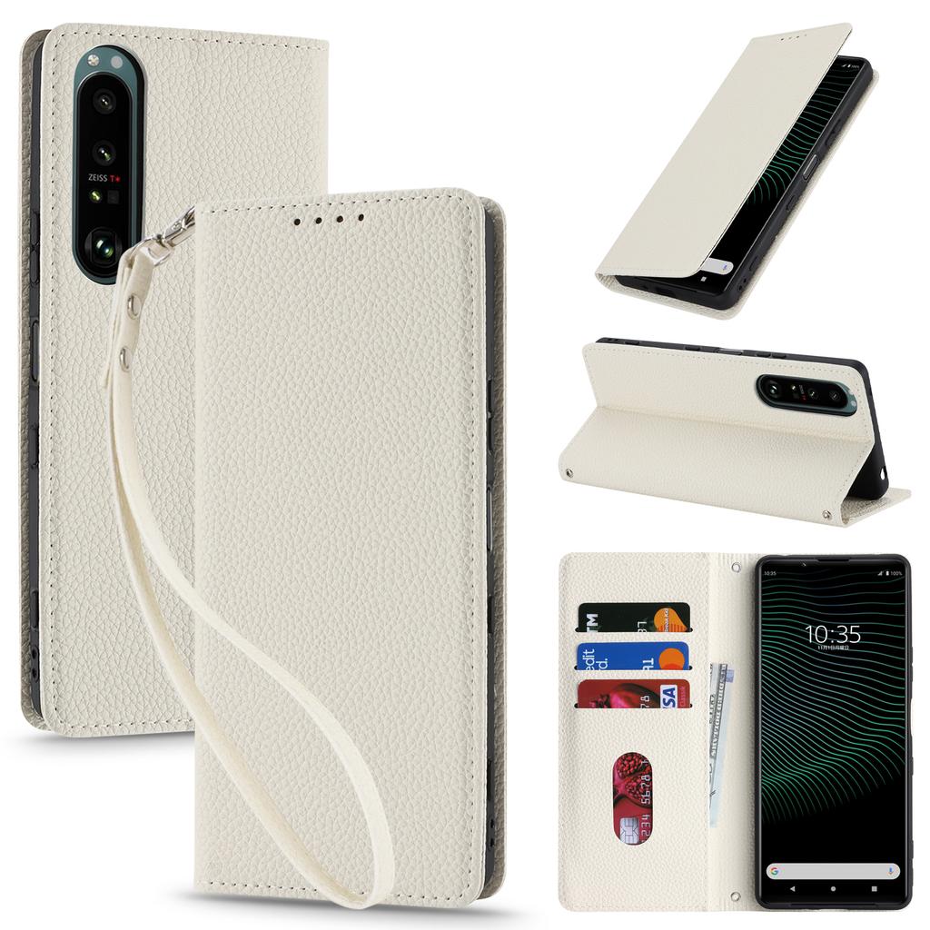 For Sony Xperia 1 IV 5G Case Stand Wallet Litchi Texture Leather Flip Phone Cover with Strap