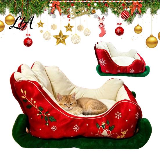 Small Medium Dog Bed Christmas Sleigh Shaped Pet Bed, Cozy Holiday Cat Sofa Anti?Slip Base Indoor Cave Soft Cushion, Washable Sleeping for Cats Dogs