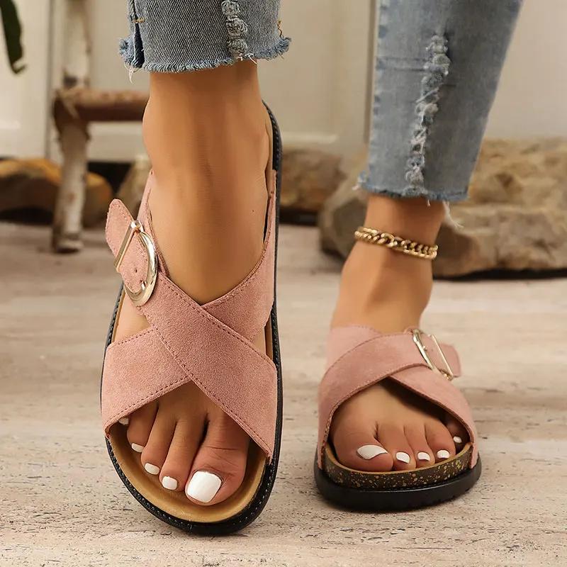 Fashion Retro Cross Band Flat Sandals for Women Buckle Decor Thick Sole Platform Slippers Woman 2025 Summer Comfort Non Slip Beach Shoes