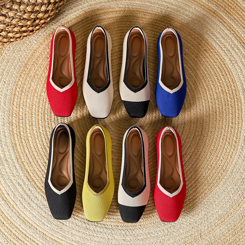 Women's Casual Flats Comfortable Walking Flat Shoes Square Toe Ballet Flats Non-Slip Knitted Work Loafers Shoes Lightweight Dress Shoes for Women