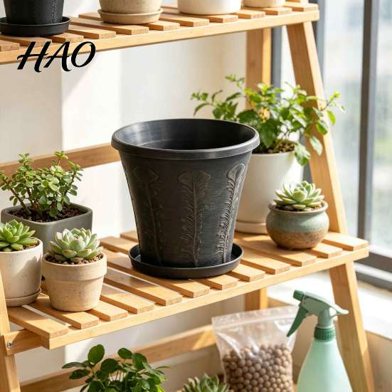 Breathable Planter for Houseplants 8" Retro Flower Pot with Saucer, Thickened Plastic Drainage Hole, Indoor Plant Anti-Aging, Peacock Feather Embossed
