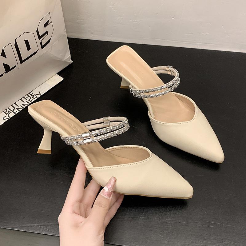 Босоножки Baotou женские на среднем каблуке, тапочки для двух способов ношения, летняя обувь, остроносые, на тонком каблуке, со стразами, с открытой пяткой, одинарные туфли, женские новые модели