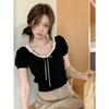 New Summer Lace Hollow Bow Knitted Short-sleeved T-shirt Women's Sweet Slim Student Top Trendy