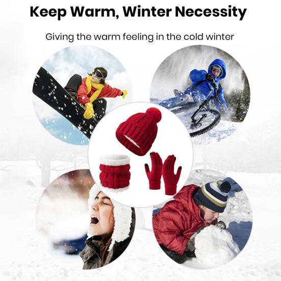 Winter Hat Scarf Gloves Set Fleece Lined Hat Warm Neck Wrap Thick Knitted Touchscreen Gloves for Men Women Cycling Hiking Travel