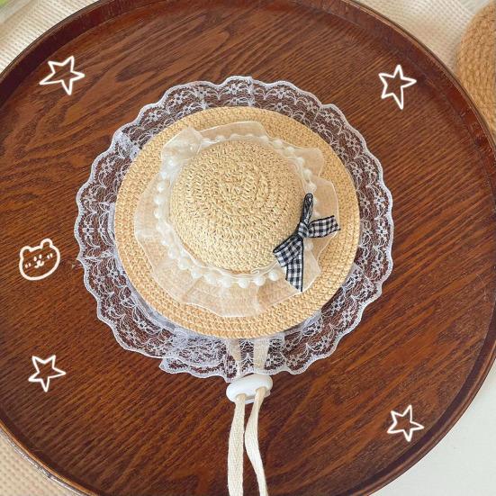 Mini Pet Straw Hat with Lace Adjustable Sun Protection Straw Hat with Bow Handwoven Outdoor Pet Accessory for Small Cats And Dogs