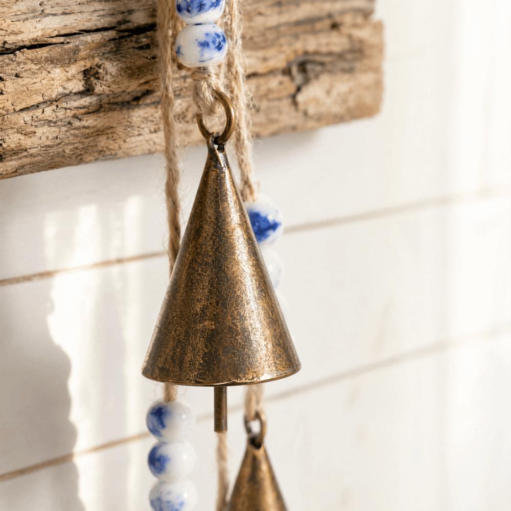 16.93in Rustic Metal Cowbell Built-in Metal Clapper Vintage Gold Wind Chime Home Wall Hanging