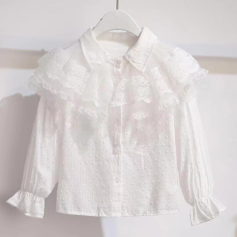 Белая кружевная блузка с длинными рукавами и бантом в стиле Лолита для девочек: Корейский стиль, Универсальный, Милый для весны и осени