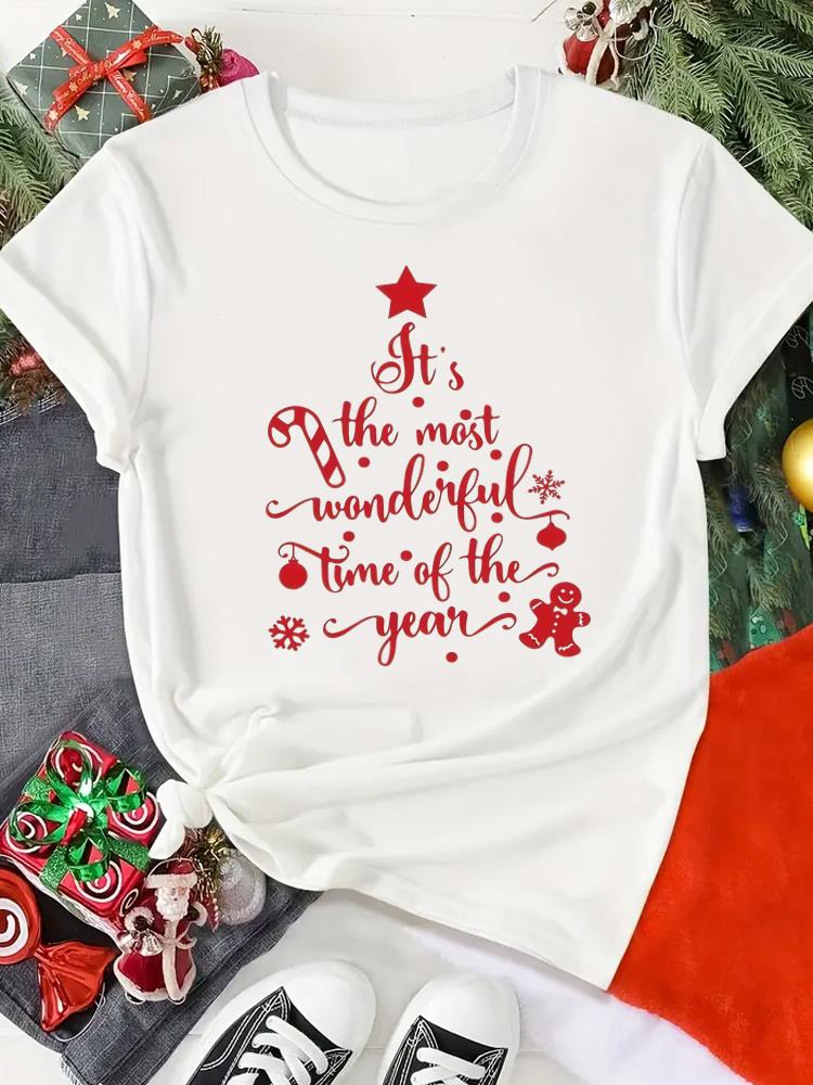 (Asian Size) Print Merry Christmas O-neck Women's Top New Year T Clothing Tree Lovely Style Cute Short Sleeve T-shirts Fashion Holiday Graphic Tee