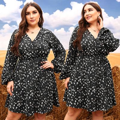 Женское платье с v-образным вырезом и длинным рукавом с цветочным принтом, с высокой талией, тонкое, удобное, дышащее, легкое платье, повседневное модное платье среднего размера, больших размеров