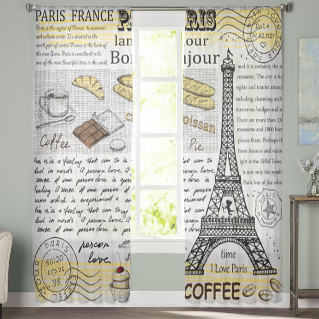 Retro Poster Coffee Eiffel Tower Sheer Curtains For Living Room Bedroom Tulle Curtains Kitchen Window Treatments Panel Drapes