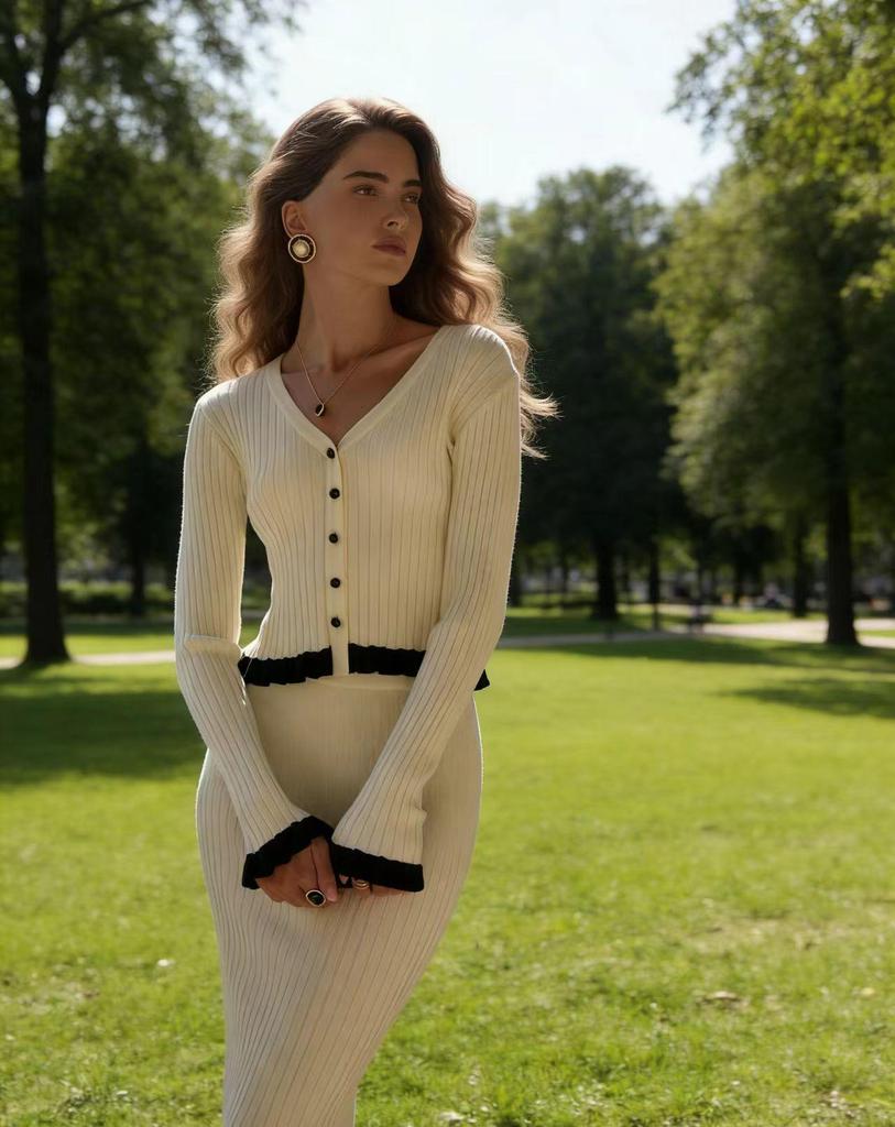 Европейский Шик Осень/Зима Женский Комплект: Вязаный Кардиган и Юбка с Элегантными Французскими Воланами