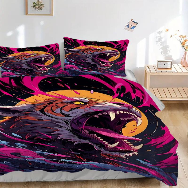3PCs Tiger Roar Design Cover Set, Breathable Fabric, Machine Washable (1 Duvet Cover + 2 Pillowcases) (Without Quilt) yy250911102