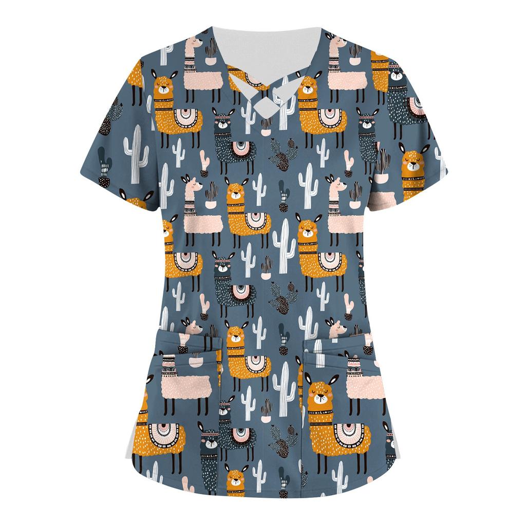 Плюс размер, милая рабочая форма с принтом, топы для женщин, забавные футболки с перекрестным v-образным вырезом и короткими рукавами, рабочая одежда, футболка с карманами