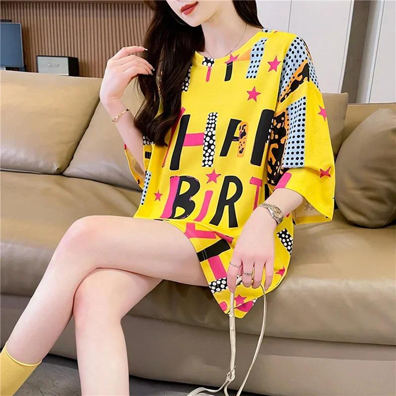 Летняя винтажная футболка с принтом Мода Женская Оверсайз Графические Длинные Футболки Y2k Топы Харадзюку хип-хоп Уличная одежда молодежная