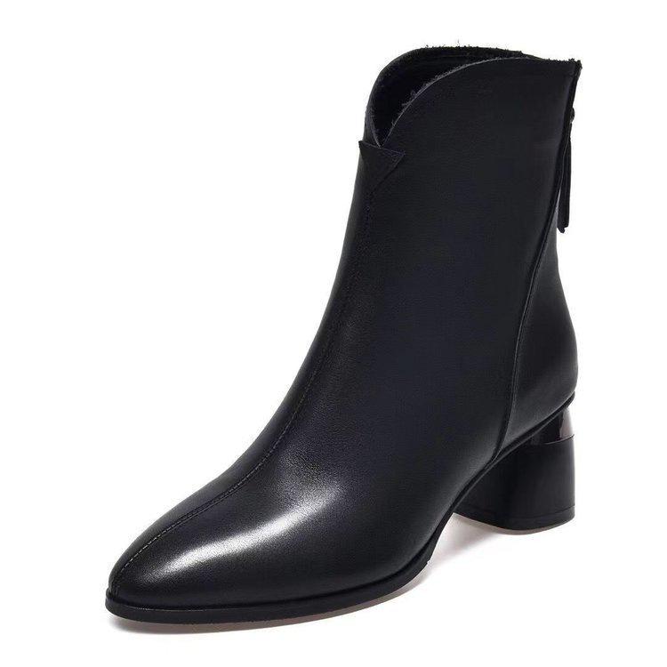 Короткие сапоги, сапоги на иностранном газу, женские новые сапоги-трубы средней высоты на толстом каблуке с острым носком, бархатные теплые женские кожаные сапоги на среднем каблуке