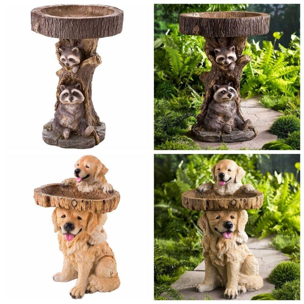 Simulation Bird Bath Cute Yard Landscape Ornament Puppy Raccoon Sculptures  Garden Decor