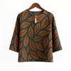 Vintage Casual Blouse, For Women, Elastic Hemp, Floral Print, Round Neck, Three-Quarter Sleeves, Elegant Loose Top