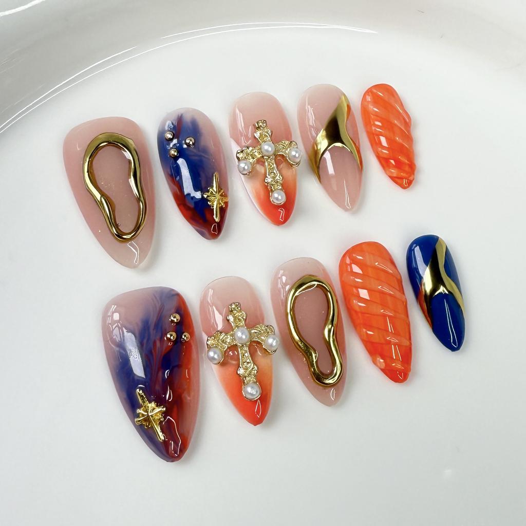 10Pcs Light Luxury Retro Flowers Nail Art French Metal Cat-eye Butterfly Handmade False Nails Fashion Detachable Acrylic Nails