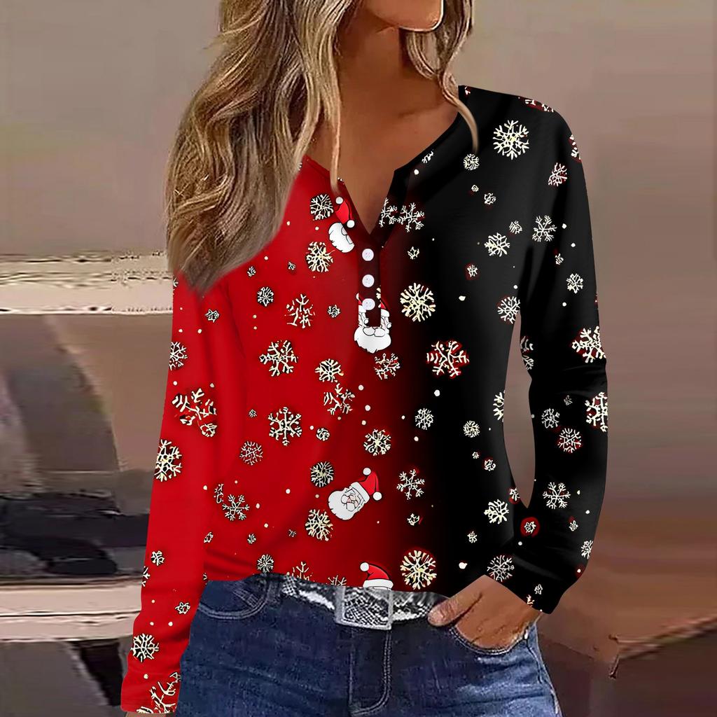 Women's T Shirt Tee Christmas Printed Button Long Sleeve Tunic Daily Weekend Fashion Basic V- Neck Regular Top