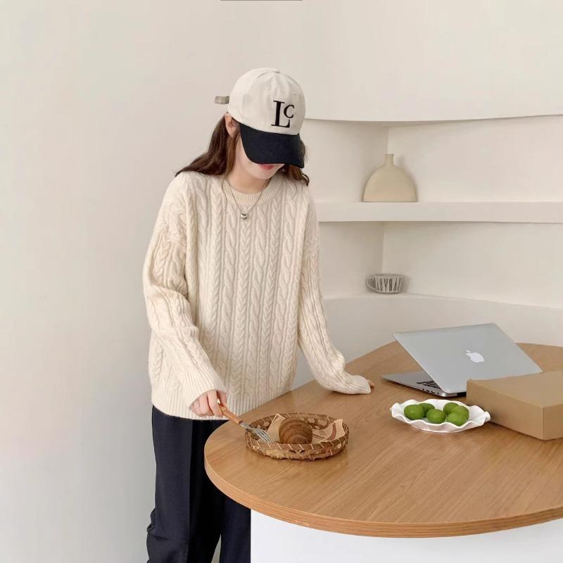 Soft Waxy Twist Lazy Knitted Sweater for Women's Autumn and Winter New Casual Thick Loose Pullover Sweater Top for Women