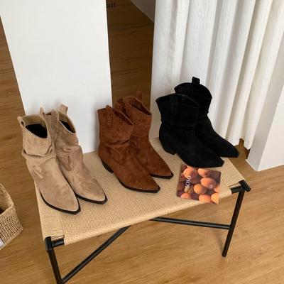 Тренд 2025 осень-зима новые остроносые ковбойские сапоги из замши в стиле ретро, рыцарские сапоги на толстом каблуке, короткие сапоги