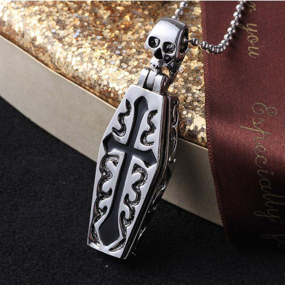 Vintage Men Human Skeleton Steampunk Coffin Chain Pendant Necklace Cross