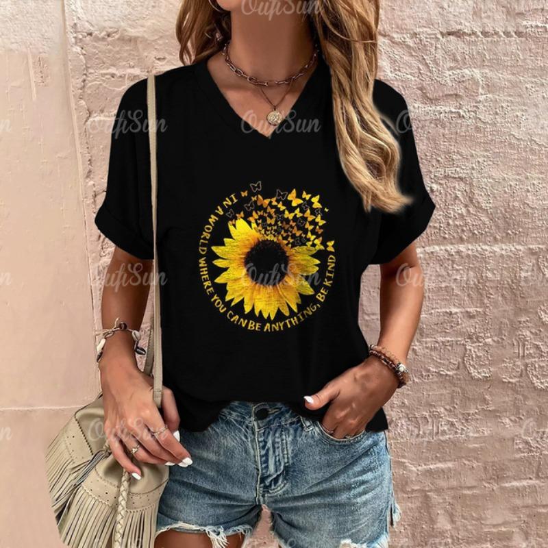 Women's T Shirt Fashion Butterfly Pattern Print Summer Short Sleeve Oversized Clothing Street Casual V Neck Female T-Shirt