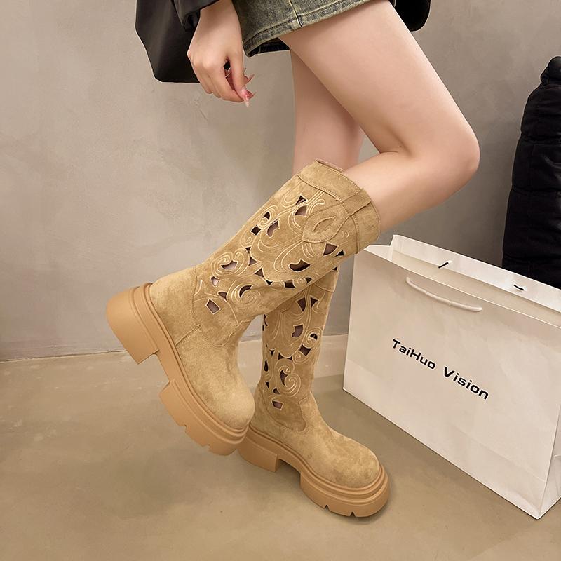 2024 Autumn New Hollow Women's Boots Knee High Heels Women's Fashionable and Comfortable Long Fashion Boots Platform Shoes