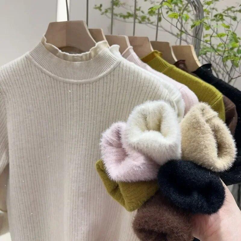 Осенне-зимние толстые плюшевые бархатные свитера, женские кружевные вязаные джемперы с полувысоким воротником, повседневные однотонные теплые пуловеры 29787