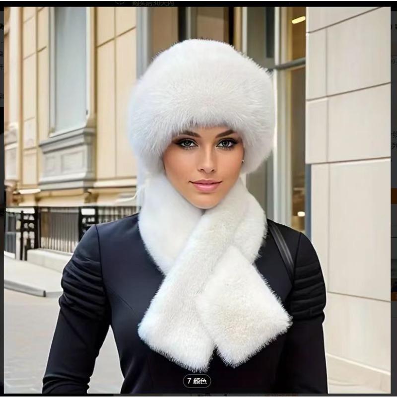 Комплект из 2 предметов/1 женский, утепленная шапка из искусственного меха и шарф - полиэстеровый трикотаж, зимние утеплители для ушей с застежкой-кнопкой, модный монгольский стиль
