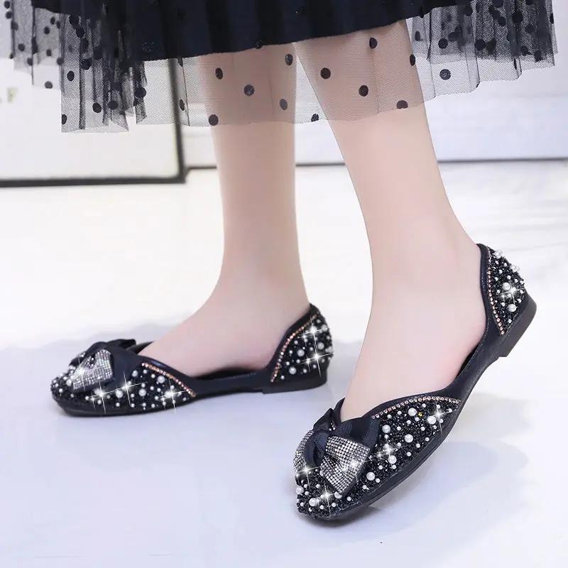 Fashion Ladies Footwear Diamond Square Toe Slip-on Green With Crystals Heel Women's Flat Shoes 2025 Summer Trend Promotion 39 Social Y2k