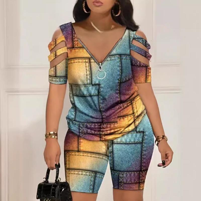 Весенне-летний комплект из двух предметов с короткими рукавами и принтом для женщин