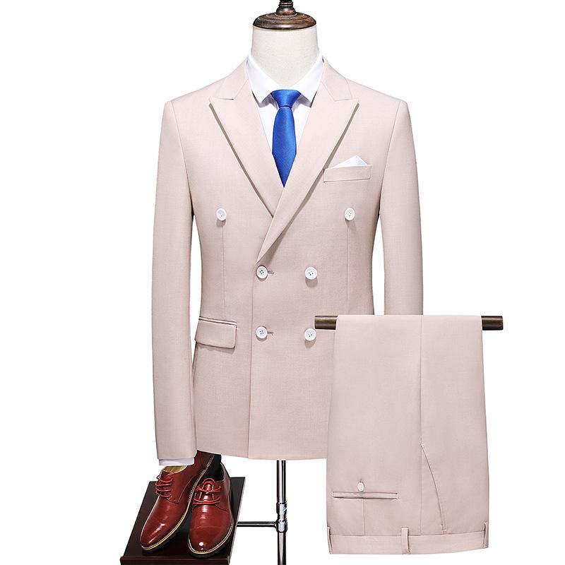 Fashion Men's Business Double Breasted Solid Color Suit Coat / Male Slim Wedding 2 Pieces Blazers Jacket Pants Trousers
