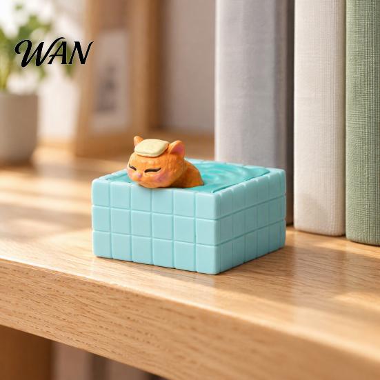 Unique Desktop Ornament for Cat Lovers Cute Bathing Figurine, Mini Kitten in Blue Bathtub Statue, Micro Landscape Small Sculpture Home Fairy