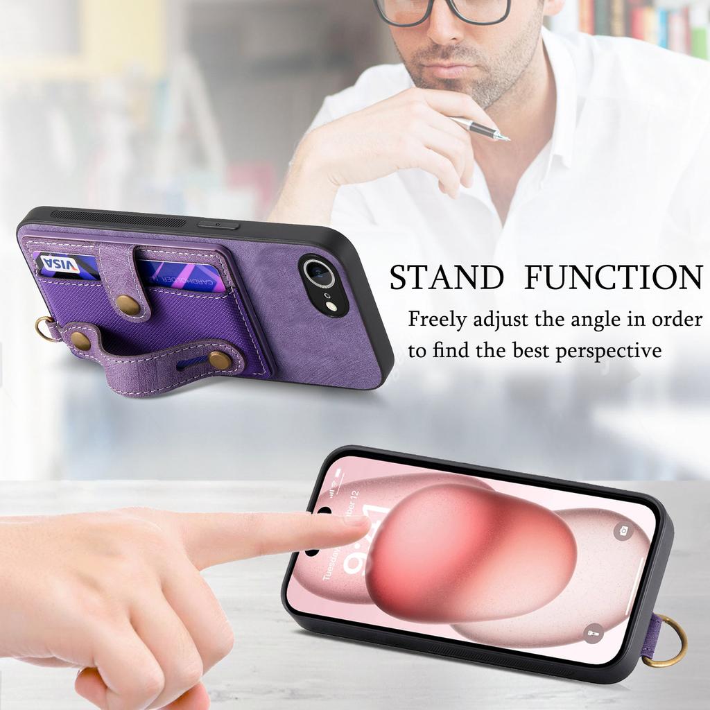For iPhone 16e Retro PU Leather Back Cover with Card Holder and Wristband Kickstand