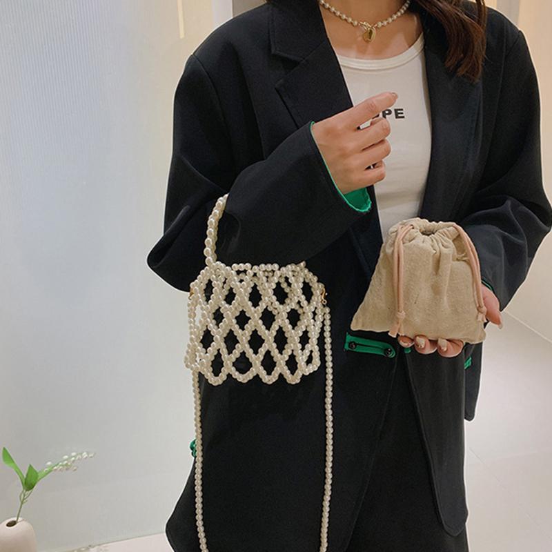 Yogodlns Сумочка в стиле французского ретро, тканая из феи, сумка-мешок из бисера, сумка через плечо, летняя нишевая дизайнерская сумка с выдолбленным жемчугом