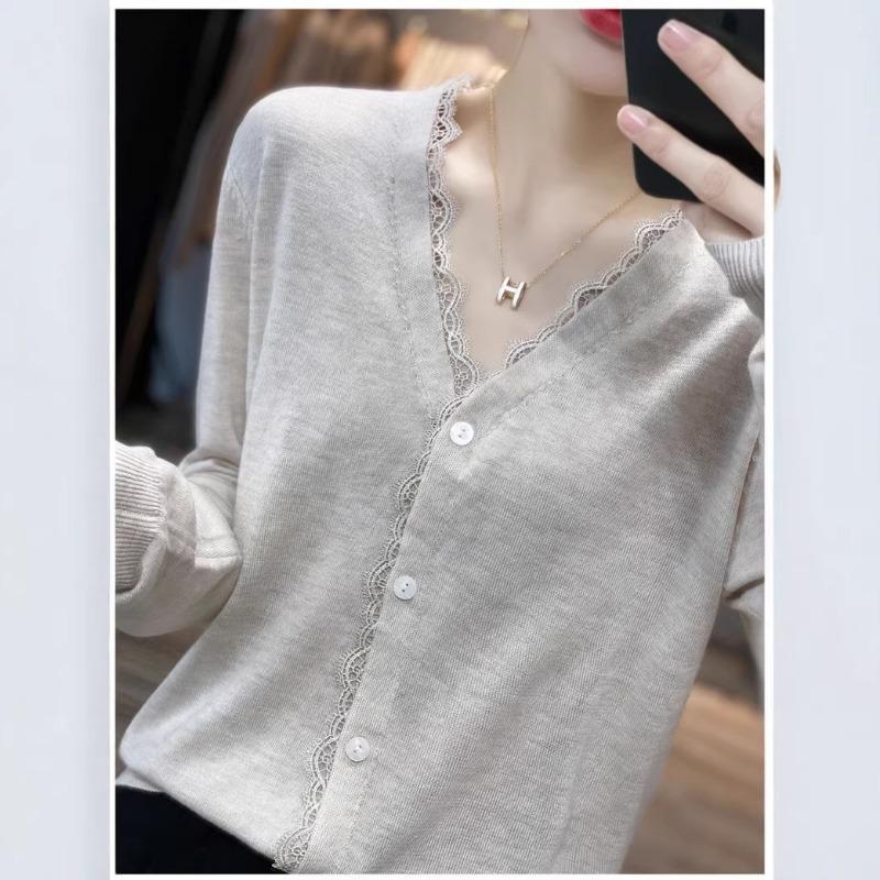Women S V Neck Lace Trim Long Sleeve Cardigan For Spring Autumn Slim Fit Outerwear
