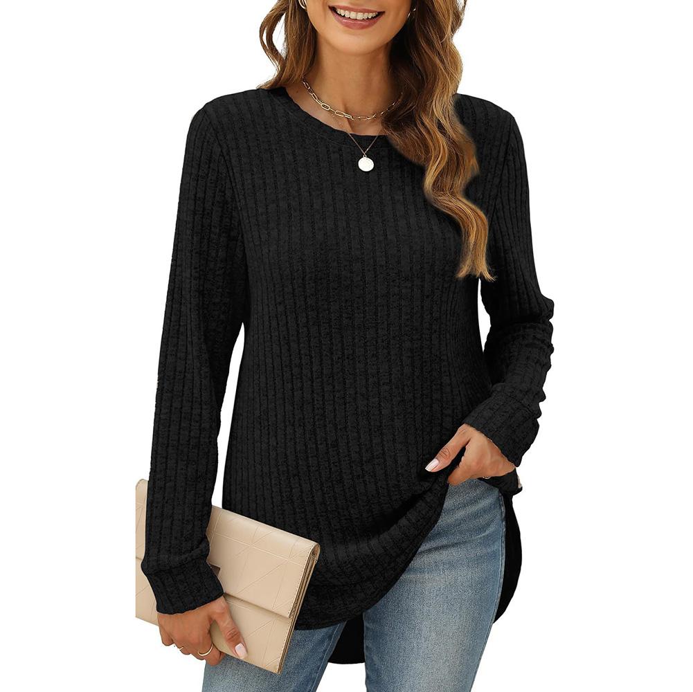 Womens Long Sleeve Tops Plus Size Crew Neck Jumpers Solid Color Side Spilt Pullover T-Shirt Tunic Shirt
