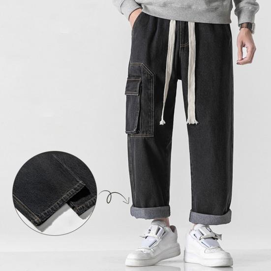 Мужские летние повседневные джинсы с эластичной резинкой на талии, прямые широкие джинсовые брюки с несколькими карманами, дизайнерские длинные брюки, уличная одежда