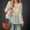 New 2024 T-Shirt Women Knitting Lace Vest O-Neck Hollow Summer Style Long Sleeve Basic Tops Tees Loose Clothing