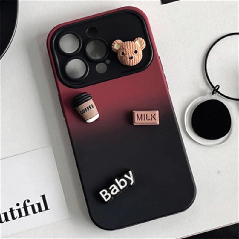 Cute Cartoon 3D Bear Coffee Milk Chocolate Gradient Case For iPhone 11 15 Pro Max 15 14 13 12 Pro Max Soft Silicone Cover