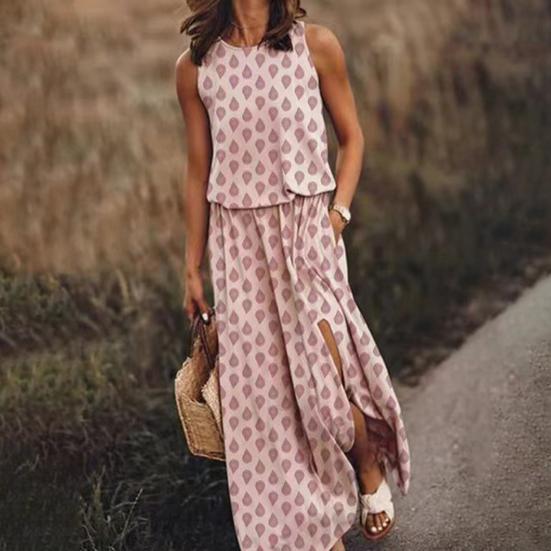 Женское платье макси без рукавов, повседневное, с круглым вырезом, эластичной талией и разрезом, длинное