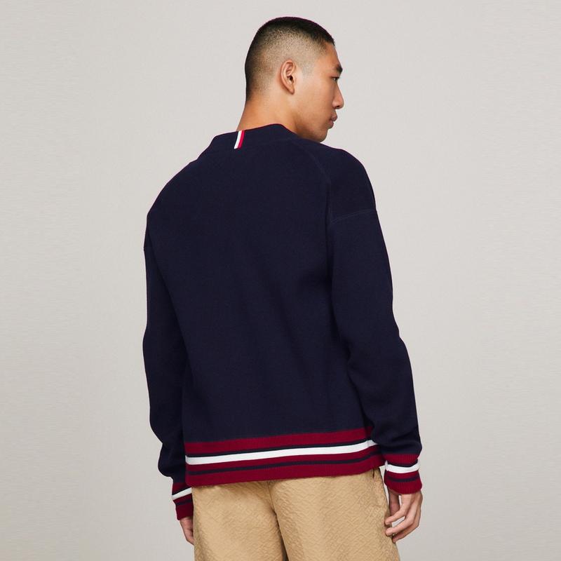 Tommy Hilfiger Хлопок Плотный Вязаный Кардиган с Вышитым Логотипом Свободный Бейсбольный Воротник Мужская Верхняя Одежда Темно-Синий MW0MW33090