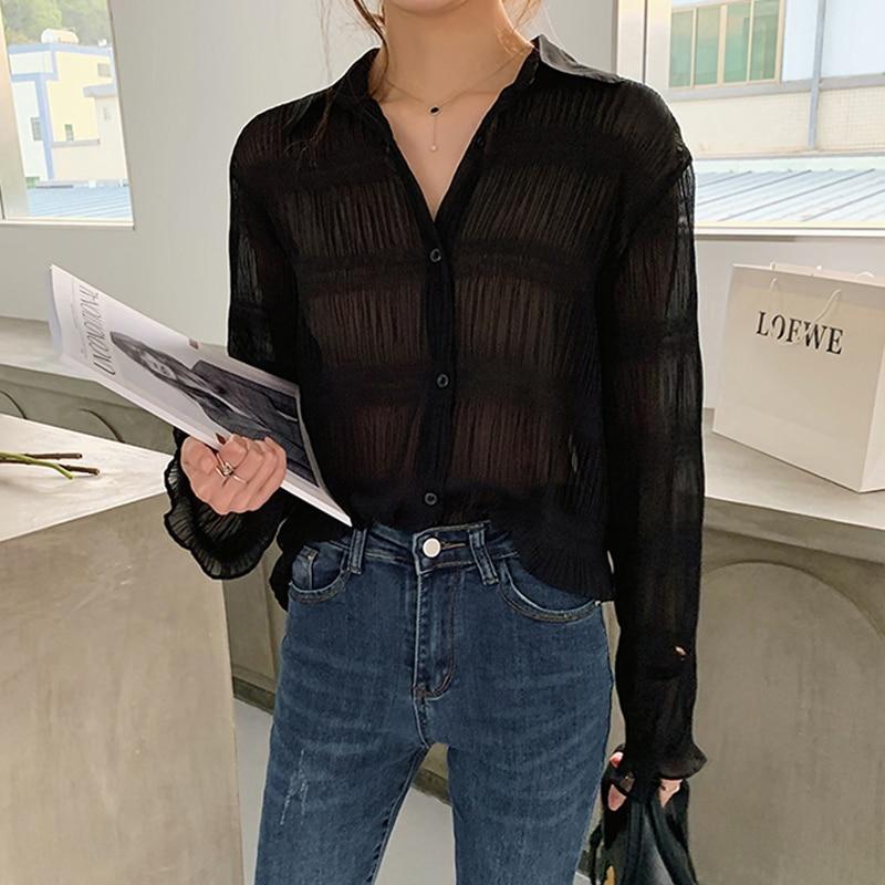Chiffon Blouses Women Turn Down Collar Long Sleeve Korean Fashion Vintage Elegant Casual Office Lady Large Size Shirts