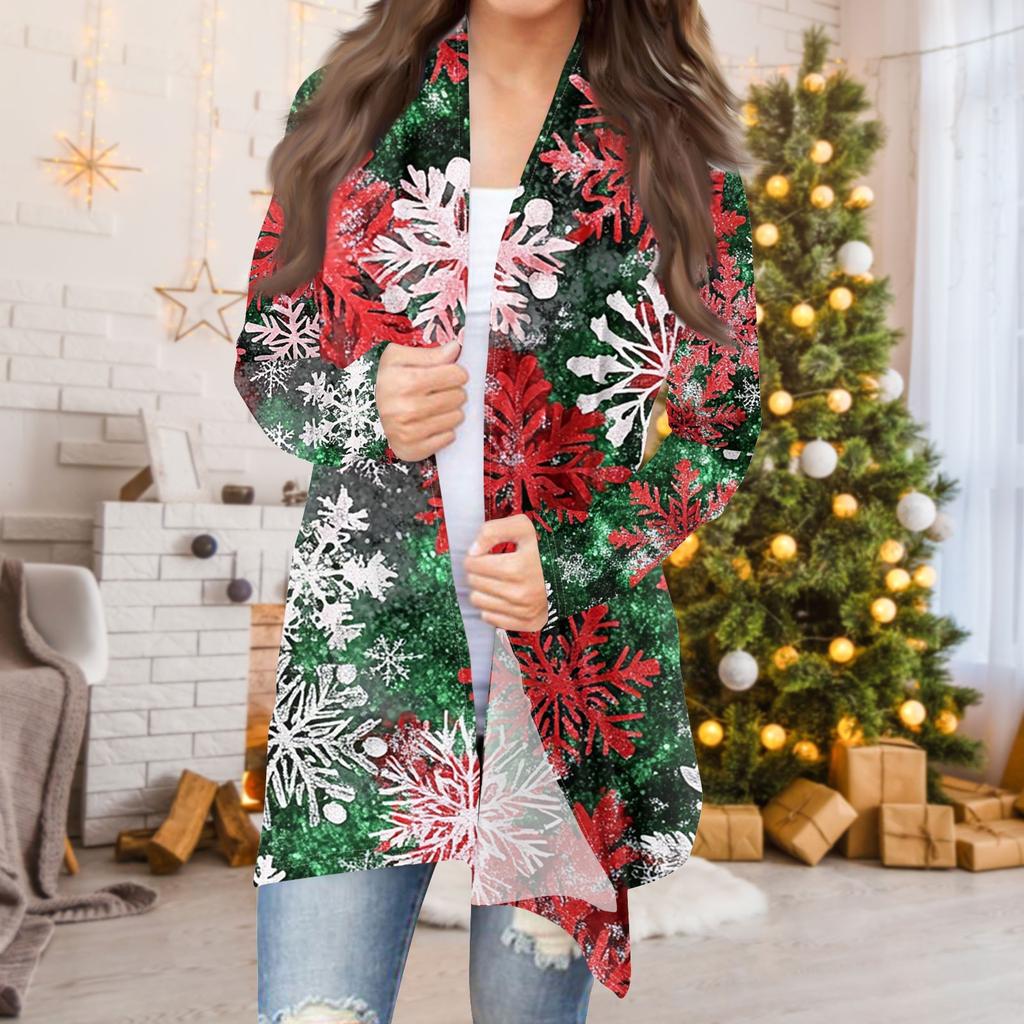 Женская мода повседневная рождественская печать средней длины кардиган куртка пальто